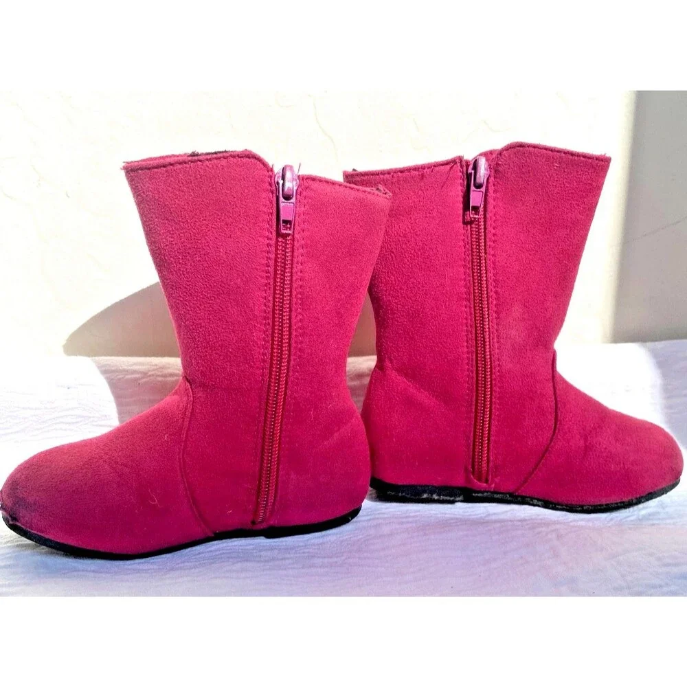Toddler Girl's Hot Pink Fringe Boots Soft Suede Flat Zipper Pull-On -Size 7/8 T